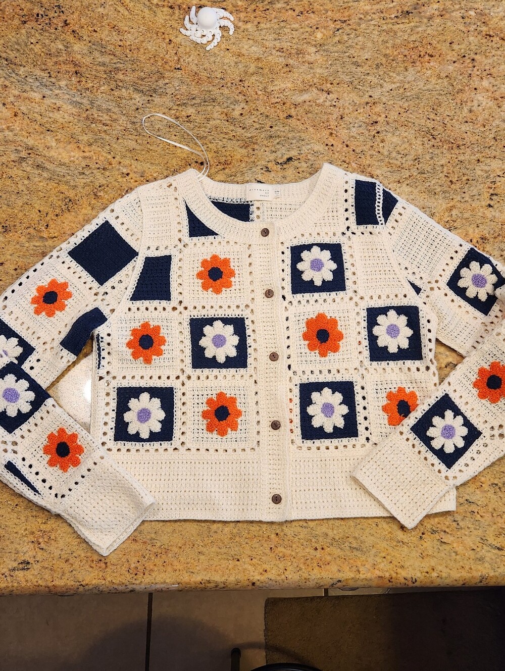 Crochet Floral Granny Square Cardigan Sweater Boho Hippie Artsy Round Neck S/M